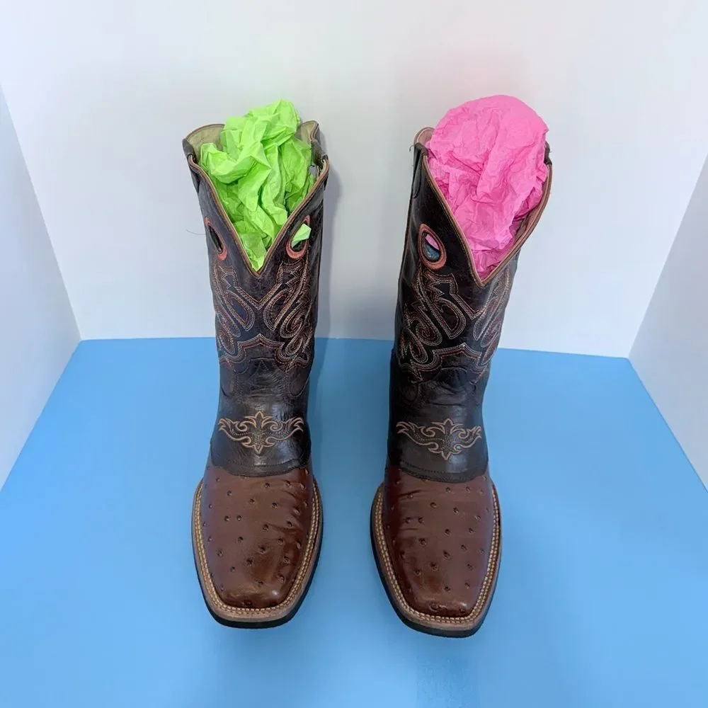 JNV Western Wear Men’s Leather Square Toe Ostrich Print Rodeo Boots Size 11